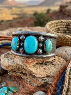 Vintage Sterling Silver Cuff Bracelet features 3 oval Blue Turquoise Stones.